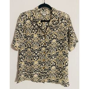 Vintage DonnKenny Crinkle Top XL Gold Black Paisley Abstract Art to Wear Blouse